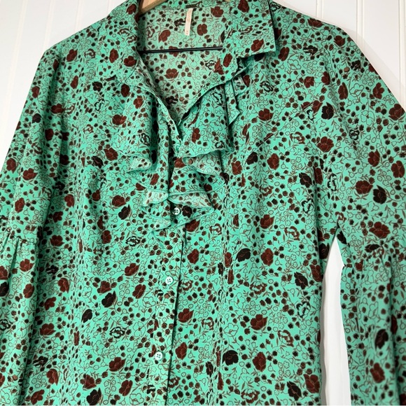 Free People Floral Ruffle Blouse M Pistachio Green Cottage Coquette Victorian - Picture 8 of 11